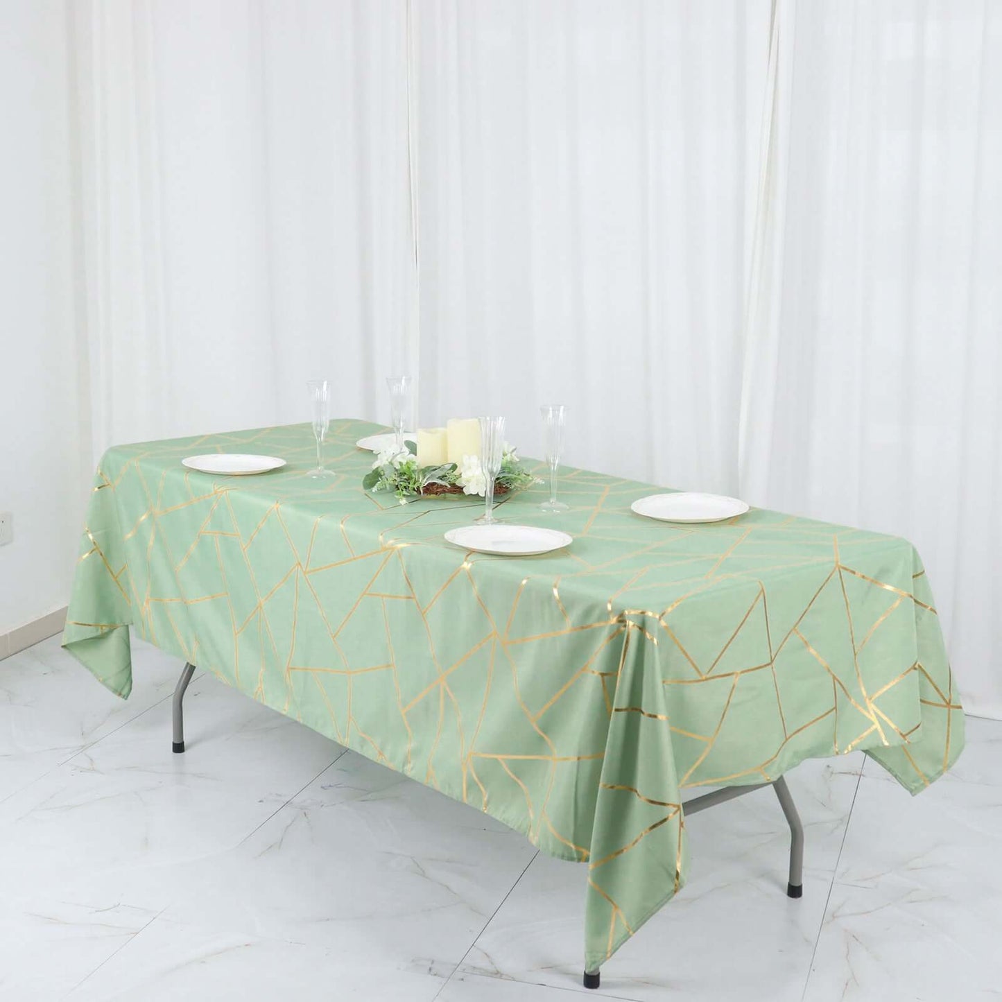 Polyester 60"x102" Rectangle Tablecloth Sage Green with Gold Foil Geometric Pattern - Wrinkle-Resistant & Durable Table Cover