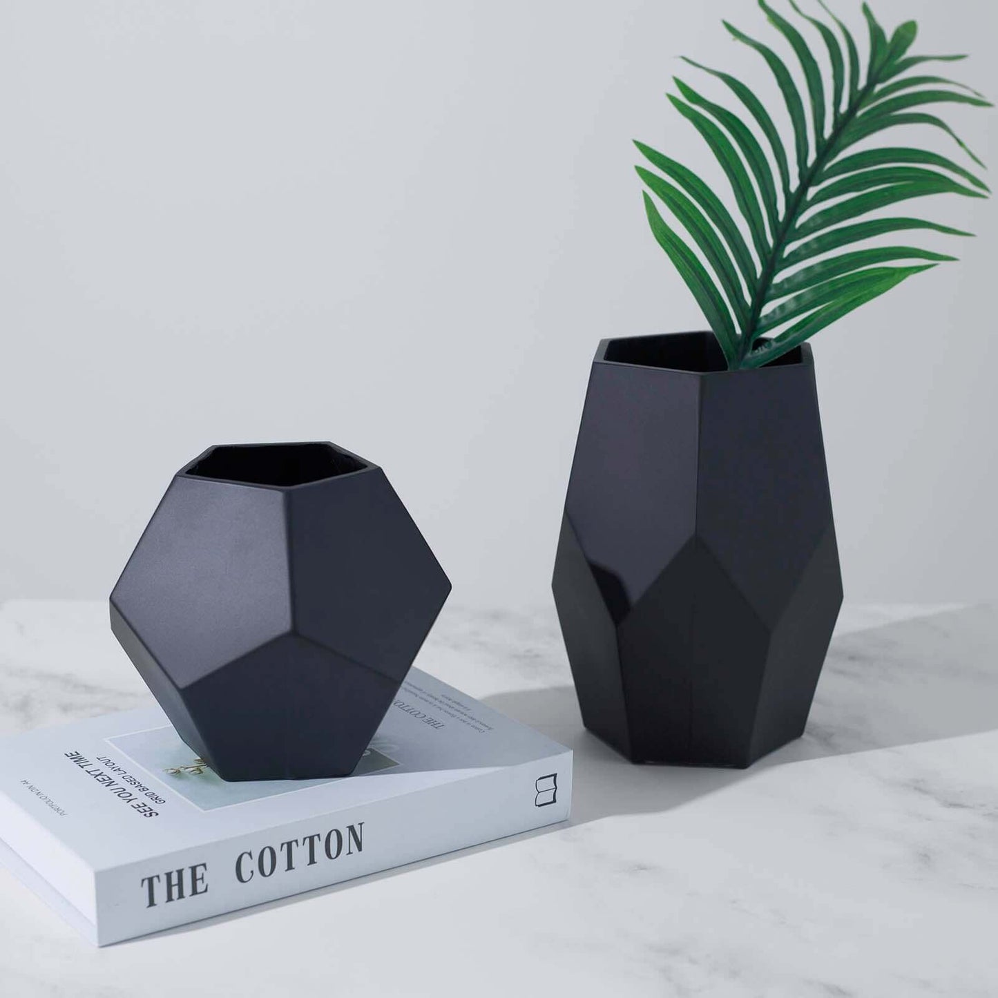 Set of 2 Glass Flower Vases Geometric Design Matte Black - Stylish Modern Candle Holder Centerpieces 5", 8"