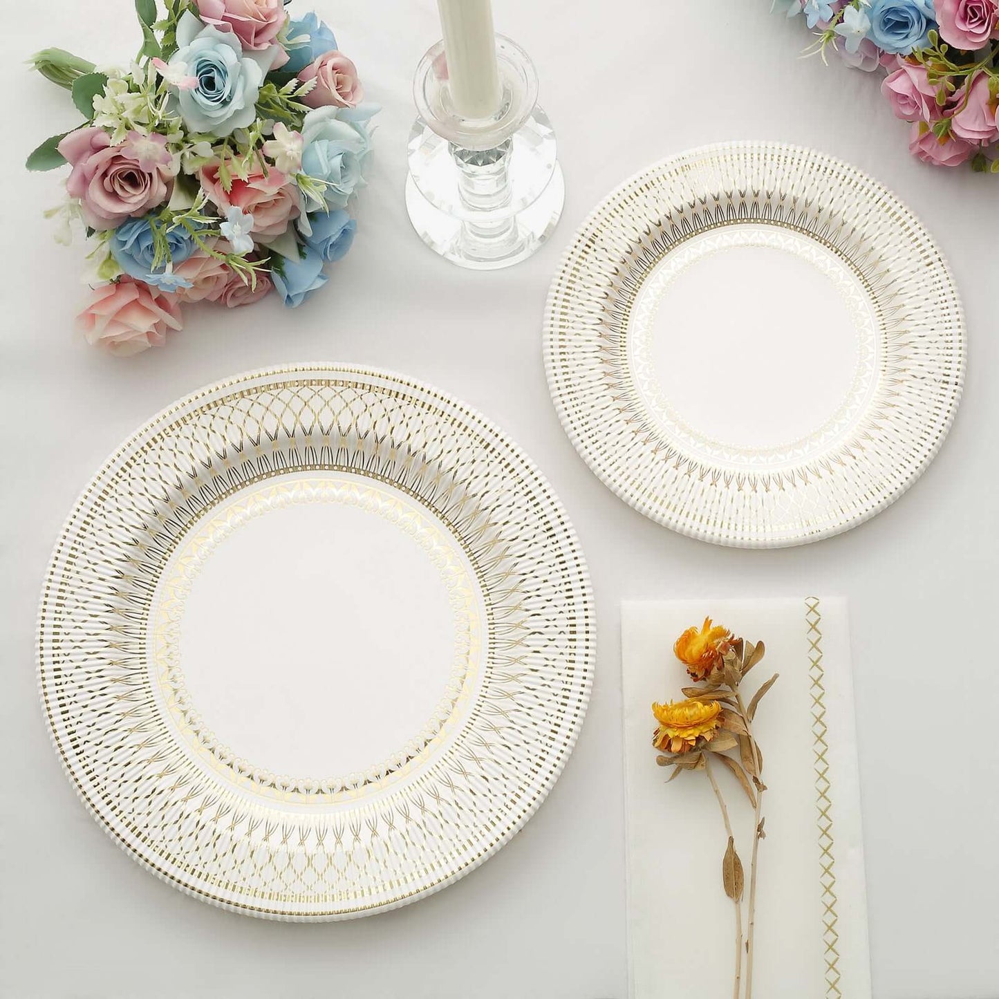 25-Pack Paper 10" Round Dinner Plates in White with Gold Vintage Porcelain Style Rim - Disposable 300GSM Party Plates