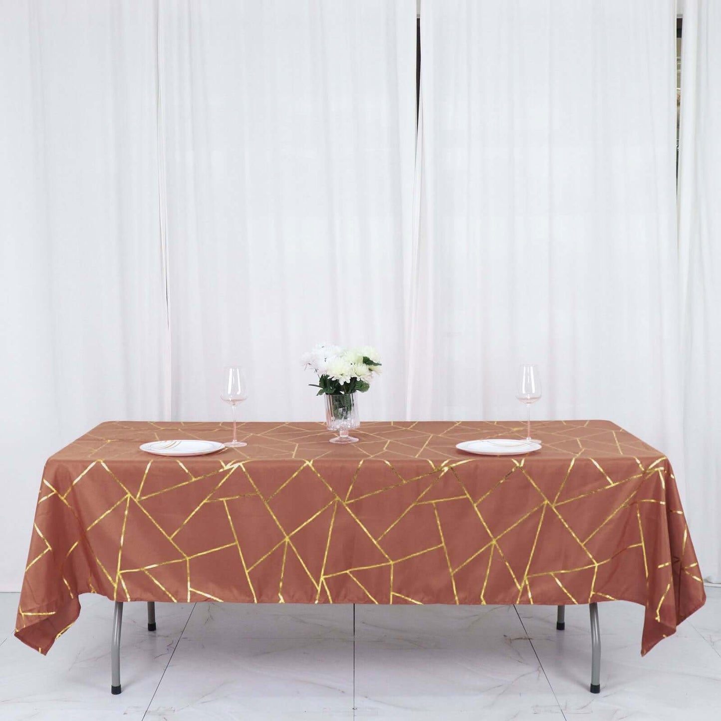 Polyester 60"x102" Rectangle Tablecloth Terracotta (Rust) with Gold Foil Geometric Pattern - Wrinkle-Resistant & Durable Table Cover