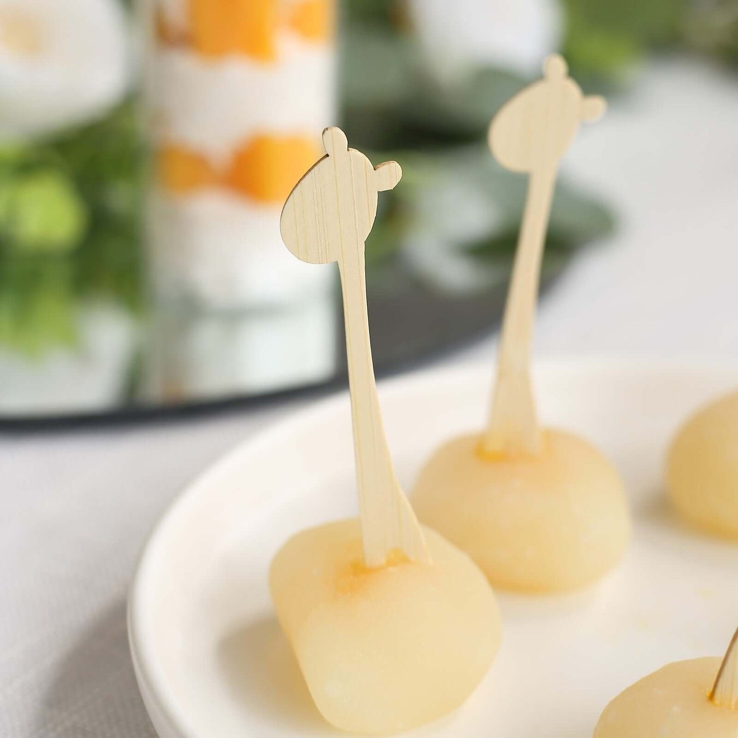 100-Pack Bamboo Cocktail Picks Giraffe Mini Forks Double Pronged Design Natural - Biodegradable Eco Friendly Party Supplies 4"