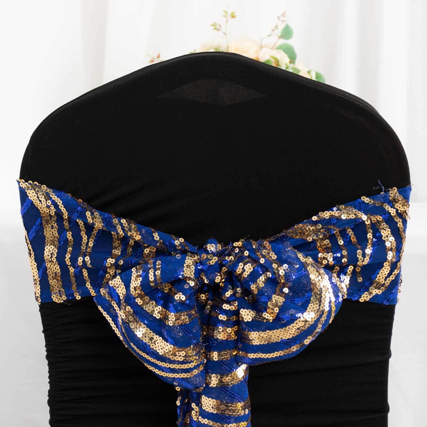 5 Pack Chair Sashes with Wave Embroidered Sequins Royal Blue/Gold 6"x88"