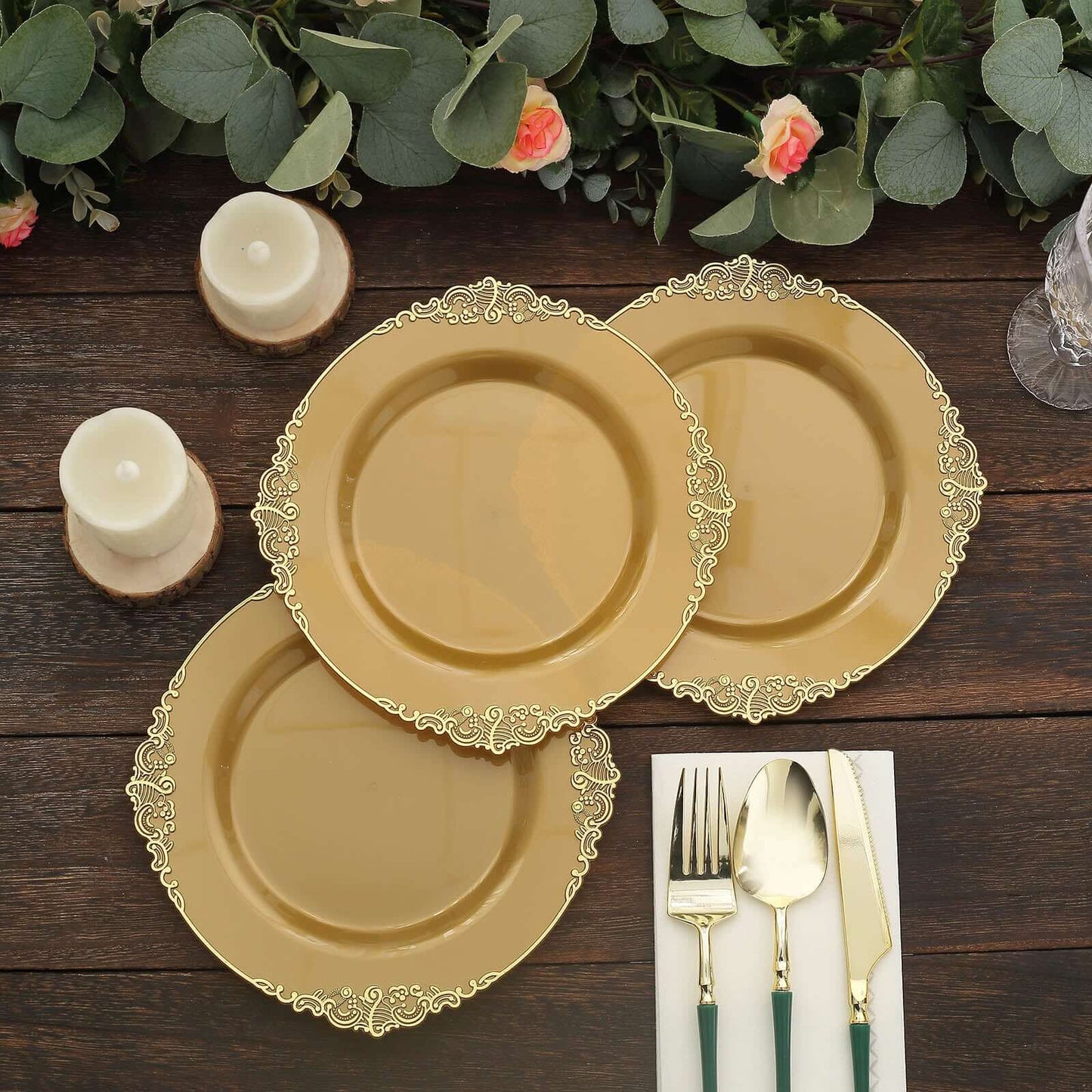 10-Pack Plastic 8" Round Dessert Plates in Gold with Leaf Embossed Rim - Disposable Vintage Baroque Style Salad Plates for Luxurious Gatherings & Events