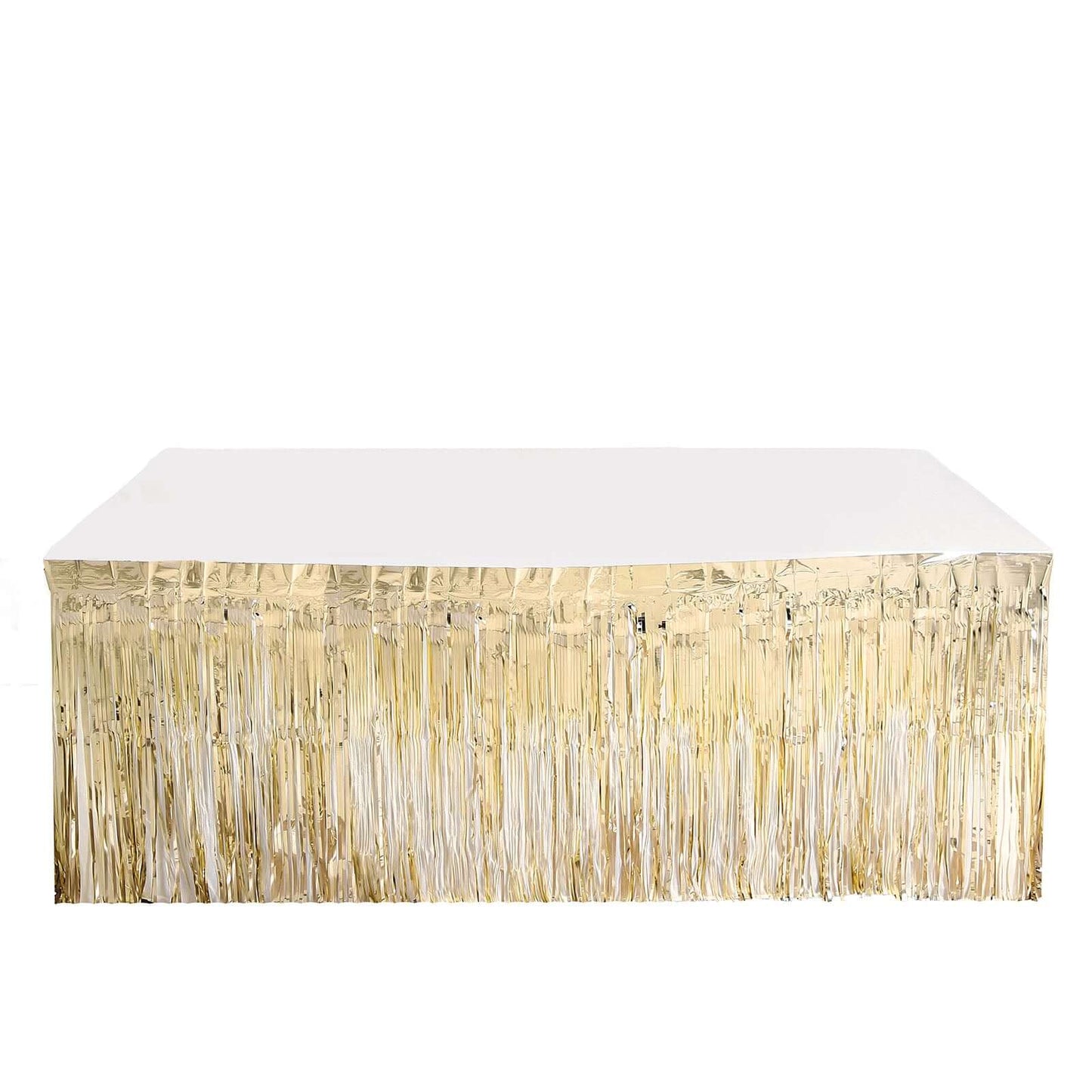 Metallic Foil Fringe Table Skirt Champagne with Self Adhesive Backing - Durable Tinsel Skirt for Parties 30"x9ft
