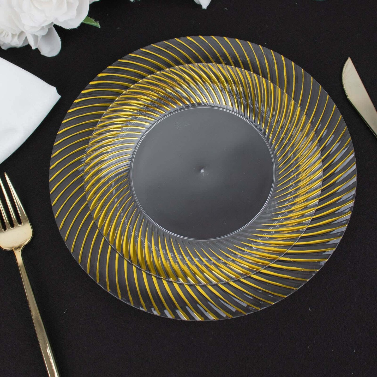 10-Pack Plastic 9" Round Dinner Plates Clear with Gold Swirl Rim - Disposable Party Plates for Classy Events & Banquets