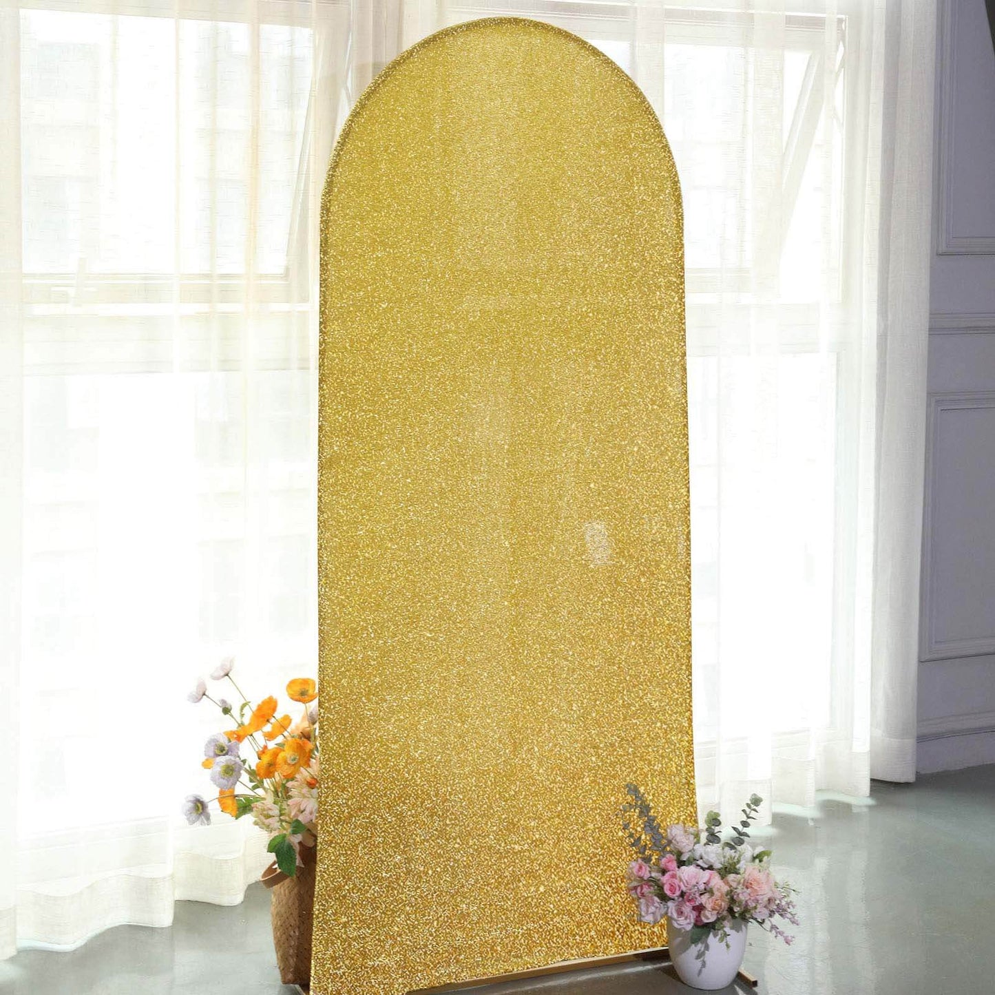 6ft Gold Shimmer Tinsel Spandex Chiara Backdrop Stand Cover For Fitted Round Top Wedding Arch