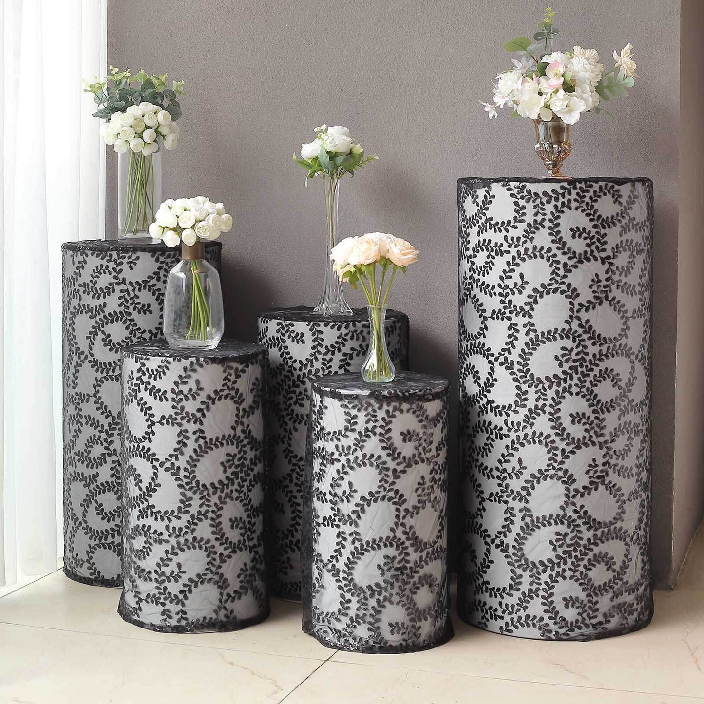 Set of 5 Black Sequin Mesh Cylinder Pedestal Stand Covers with Leaf Vine Embroidery, Sparkly Sheer Tulle Pillar Prop Covers