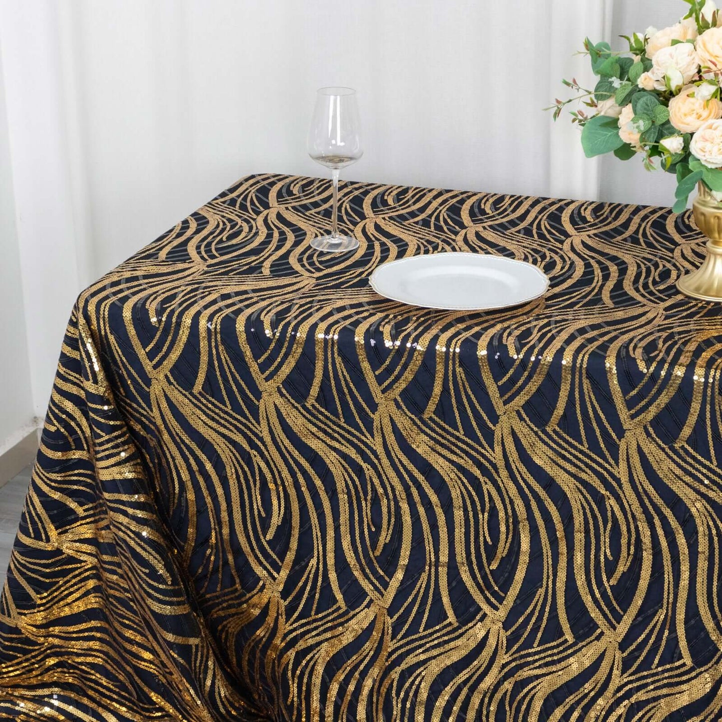 Mesh 90"x156" Rectangle Tablecloth Black/Gold - Wave Sequin Embroidered Table Cover