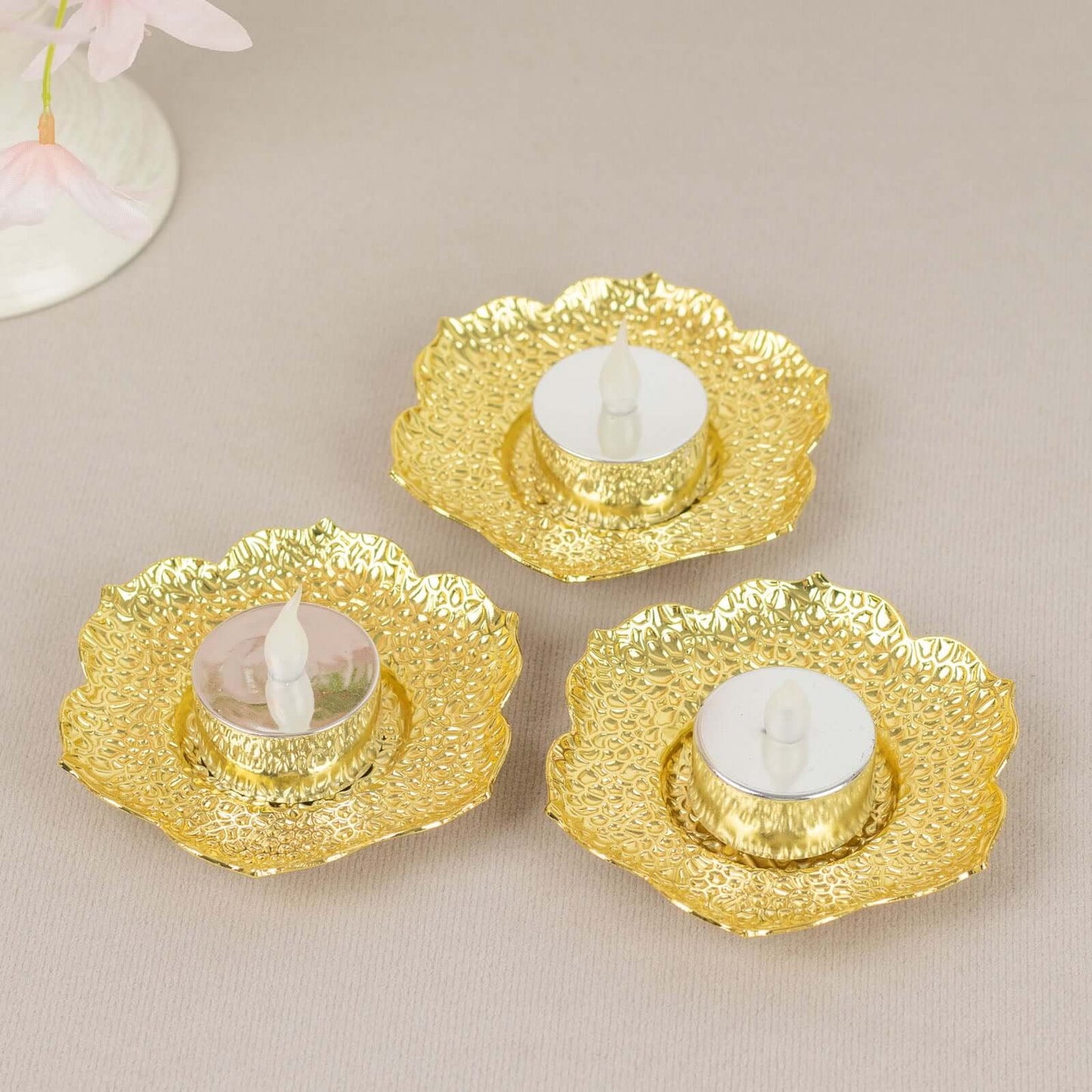 3-Pack Metal Votive Candle Holders Plum Blossom Design Shiny Gold - Vintage Mini Tea Cup Saucers 4"