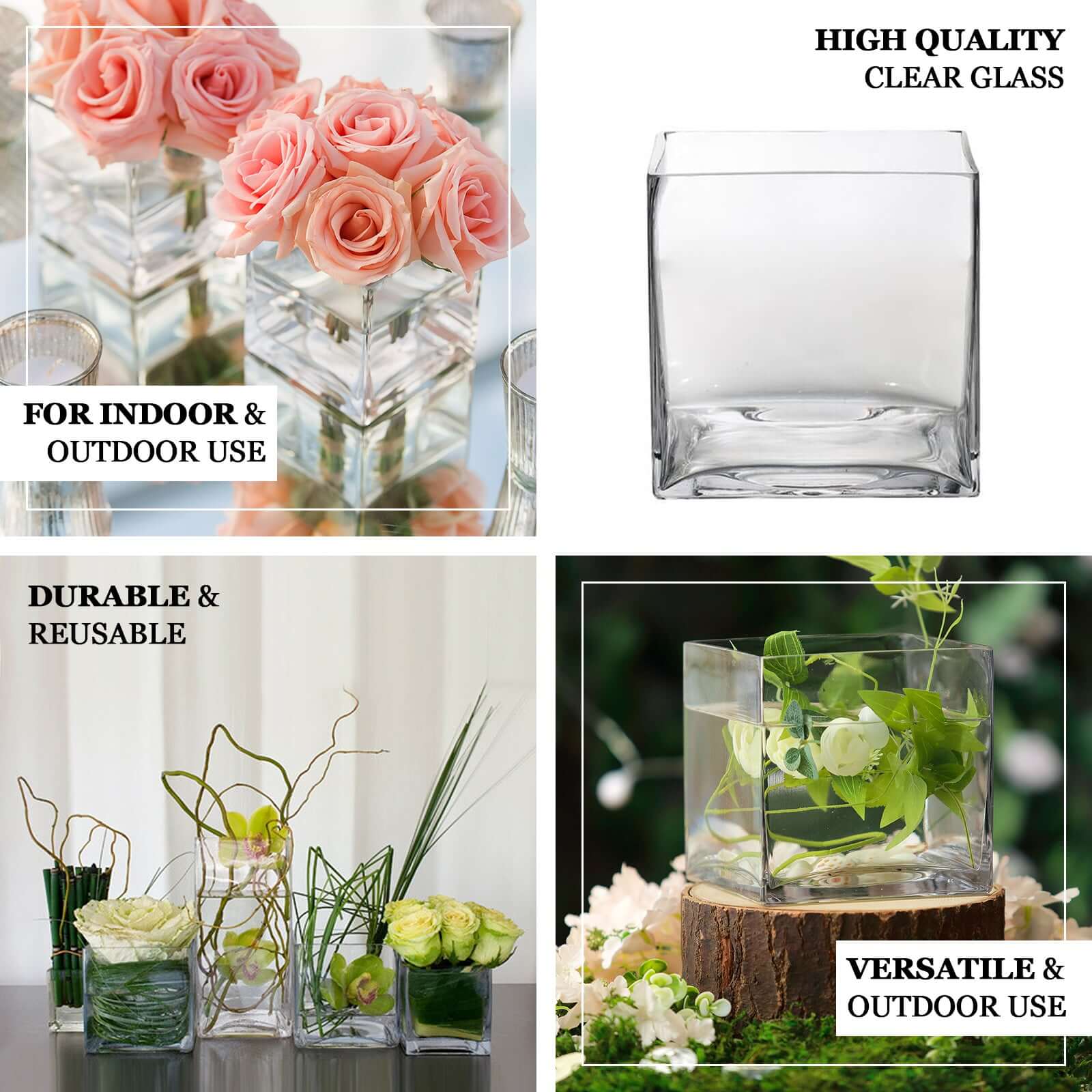 Glass Flower Vase Square Design Heavy Duty Clear - Premium Table Centerpiece for Events 4" - Linen Luxes