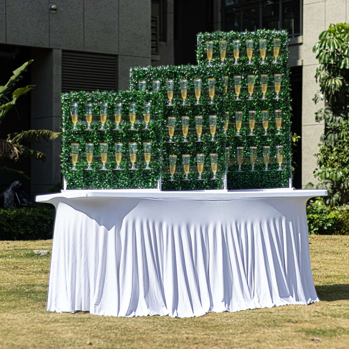 Set of 3 Champagne Wall Glass Holder Green - Tiered Faux Boxwood Stemware Rack Cocktail Display Drink Organizer for Classy Events & Banquets 24", 33", 42"