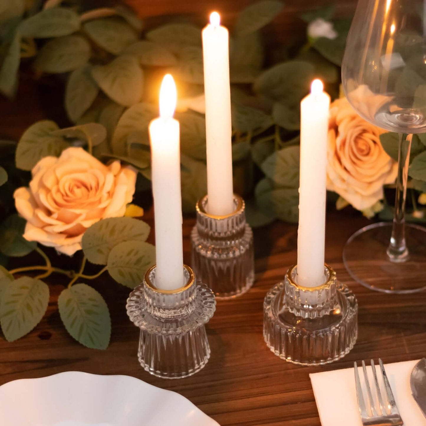 Set of 6 Glass Taper Candle Holders Ribbed Crystal Design with Gold Rim Clear - Reversible Mini Votive Tealight Stands 3"