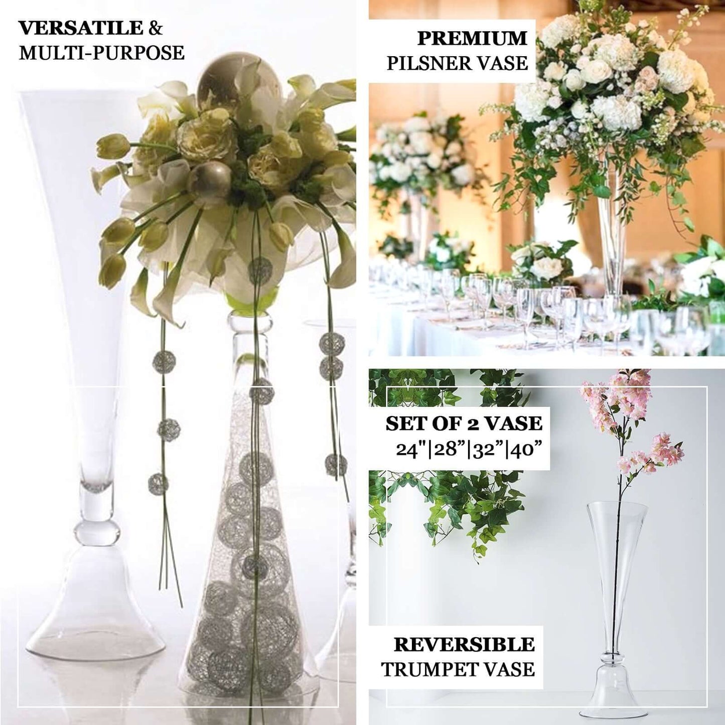 Glass Trumpet Floor Vase Reversible Clarinet Style Clear - Decorative Flower Centerpiece for Events 40" - Linen Luxes
