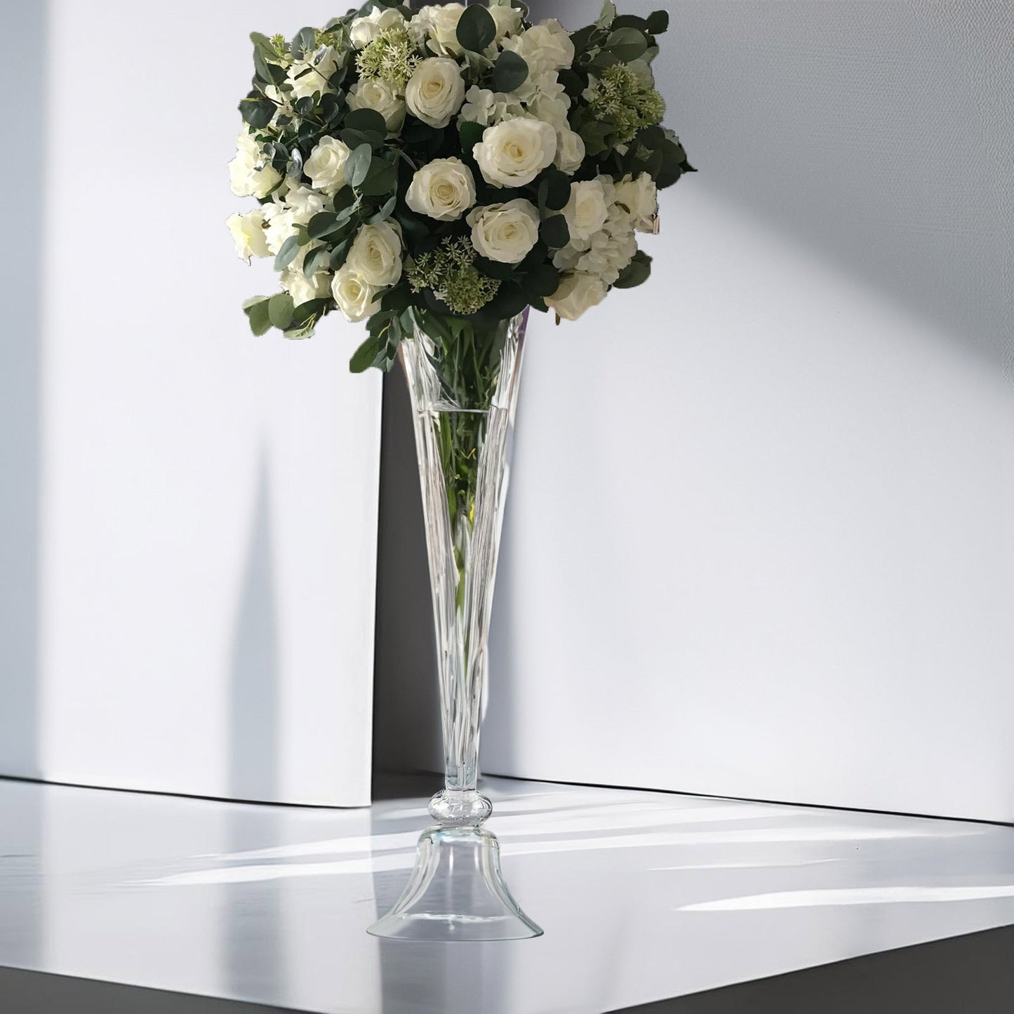 Glass Trumpet Floor Vase Reversible Clarinet Style Clear - Decorative Flower Centerpiece for Events 40" - Linen Luxes