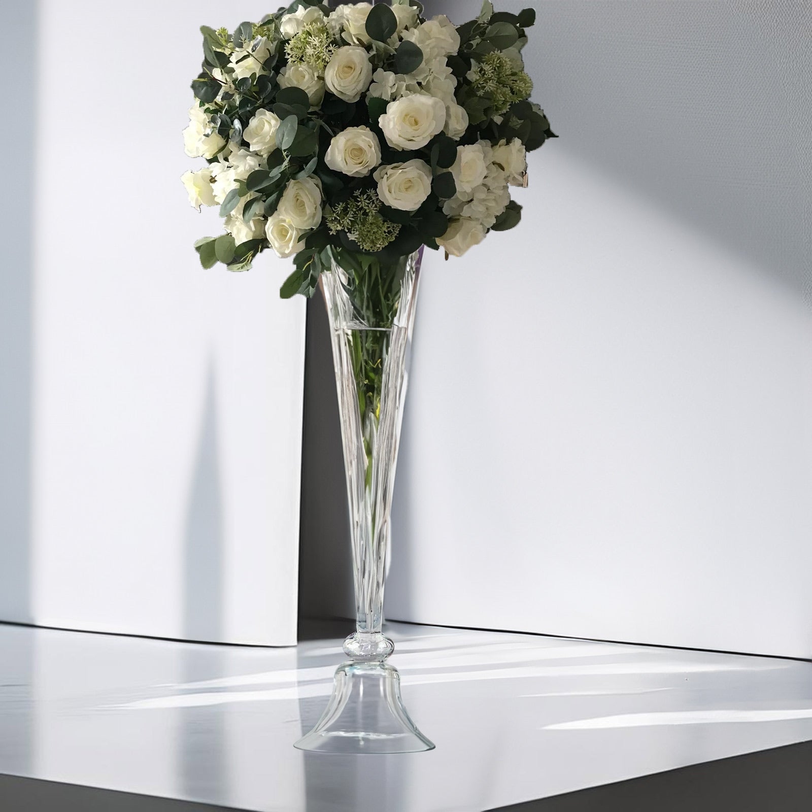 Glass Trumpet Floor Vase Reversible Clarinet Style Clear - Decorative Flower Centerpiece for Events 40" - Linen Luxes