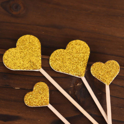 24-Pack Cupcake Topper Picks Heart Shaped Design Glitter Gold - Party Cake Toppers 4.5", 4"