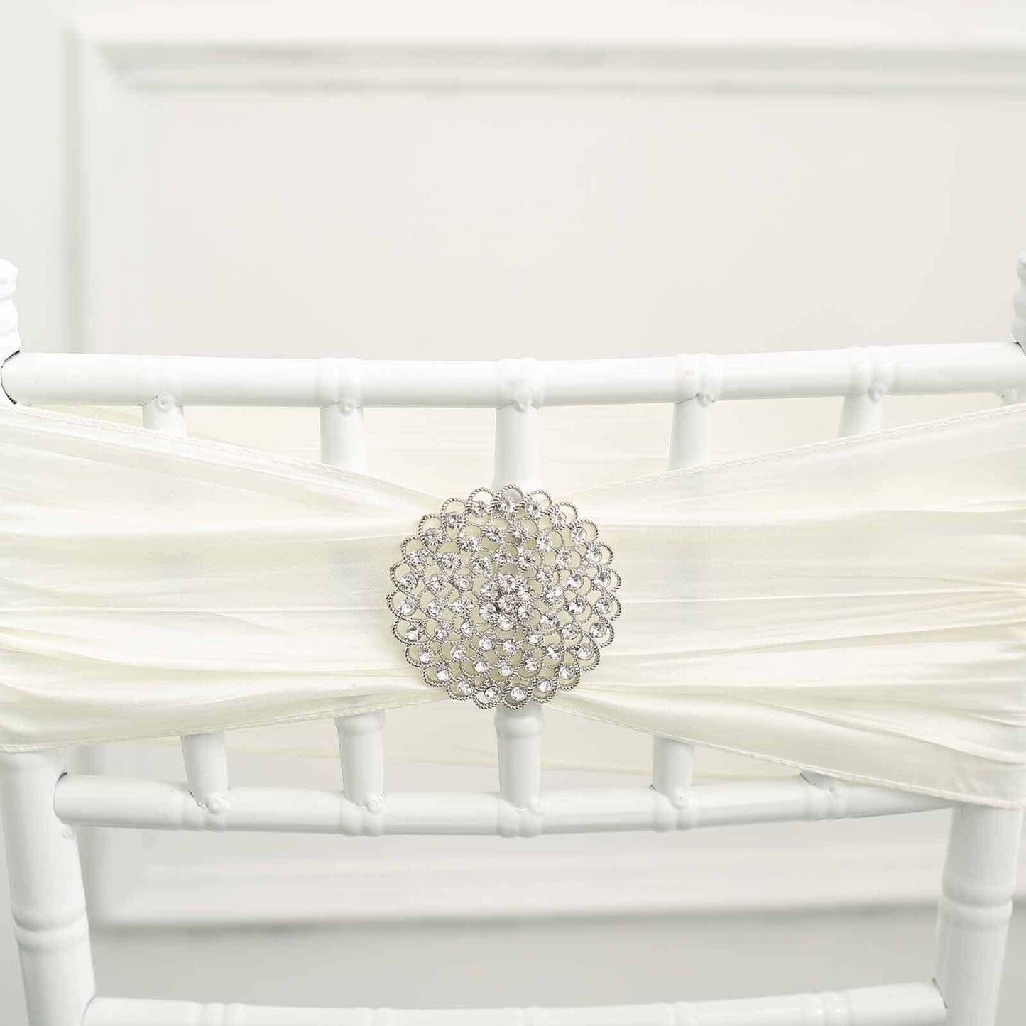 Rhinestone Metal Flower Chair Sash Band Buckle Silver - Glittering Diamond Accent 3"