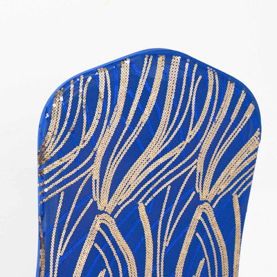 Spandex Chair Cover with Wave Embroidered Sequins for Banquet Chairs Royal Blue/Gold - Glittering Stretch Fitted Slipcover