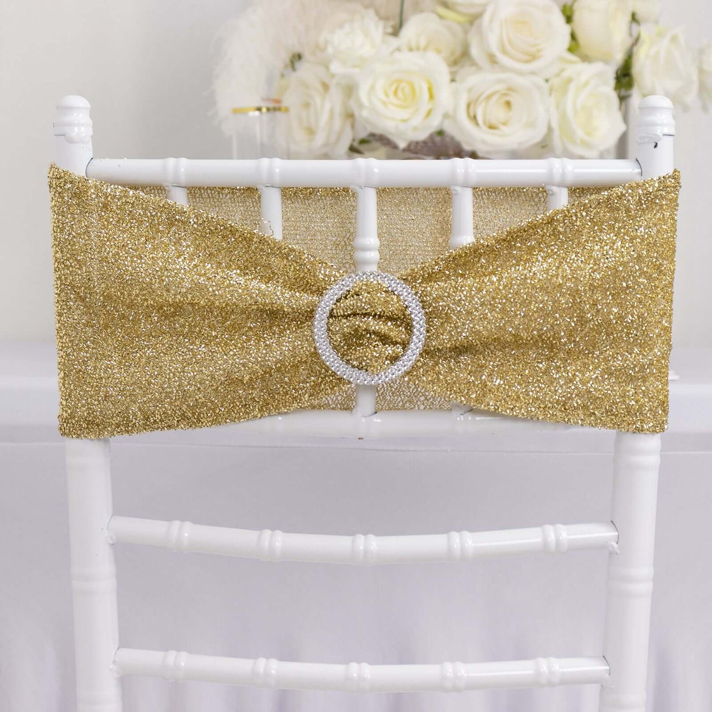 5 Pack Chair Sashes Shimmer Tinsel Spandex 5"x12" with Silver Rhinestone Buckles Champagne - Stylish Chair Bands