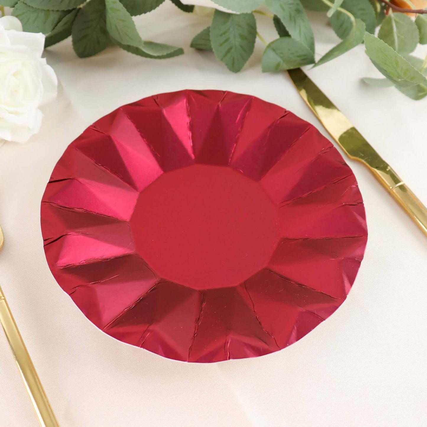 25-Pack Paper 7" Round Dessert Plates in Burgundy with Geometric Prism Rim - Disposable 400GSM Appetizer Salad Plates