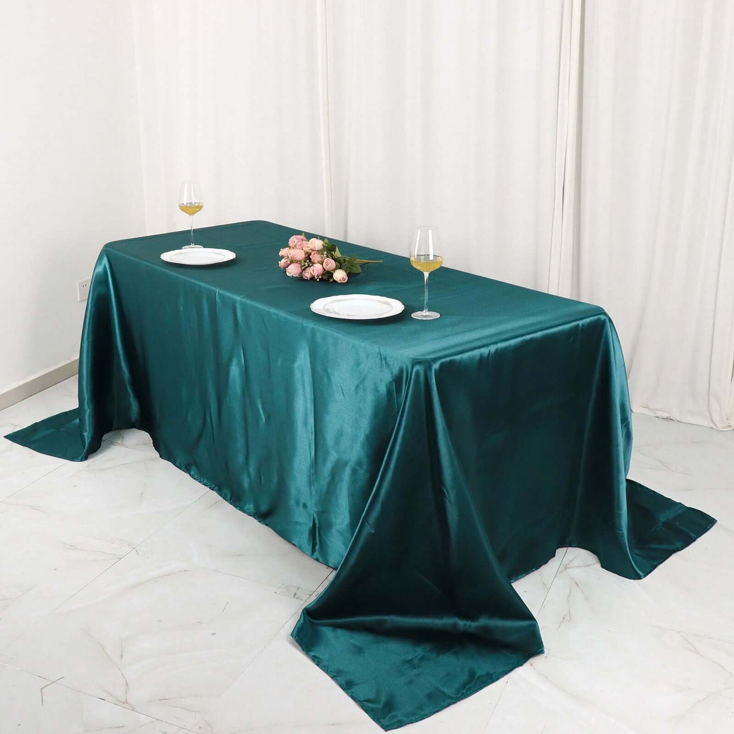 Satin Rectangular 90"x132" Tablecloth Peacock Teal - Seamless Table Cover