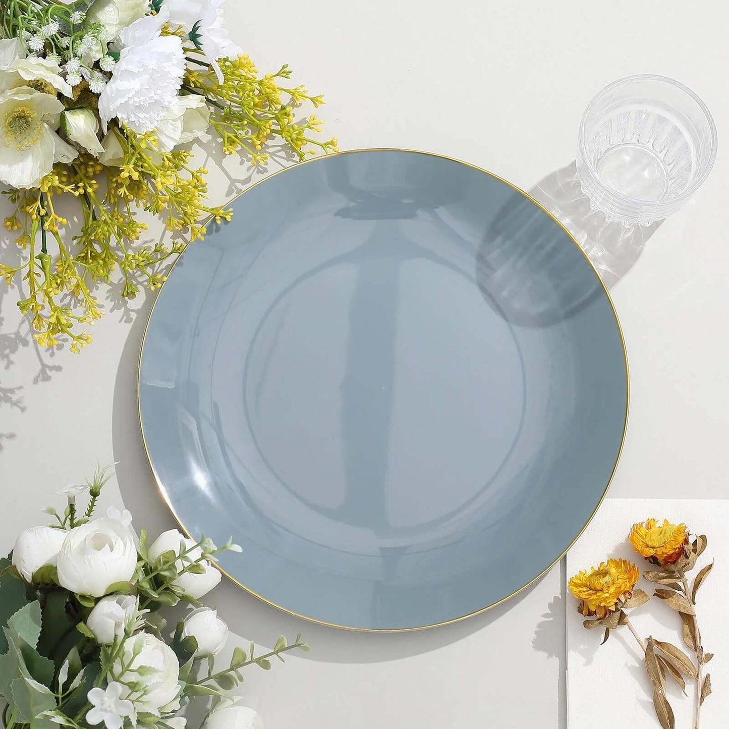 10-Pack Plastic 10" Round Dinner Plates in Dusty Blue with Gold Rim - Glossy Disposable Party Plates