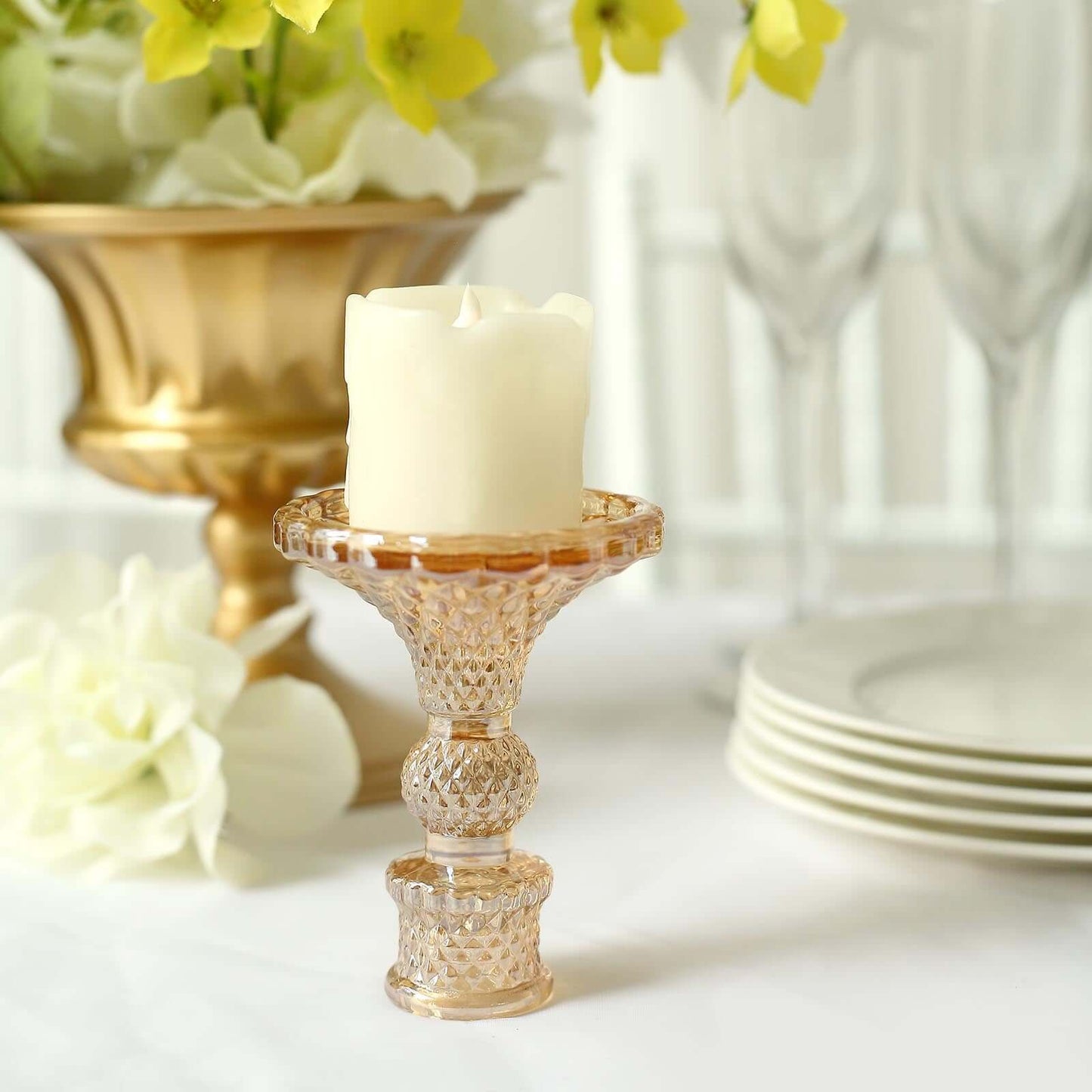 6-Pack Glass Taper Candlestick Holders Diamond Pattern Design Amber Gold - Reversible Crystal Pillar Votive Stands 4"