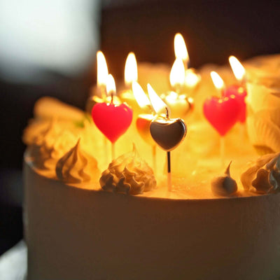 10-Pack Heart Shaped Cupcake Candles Love and Valentine Dessert Toppers - Red, Silver, and Gold