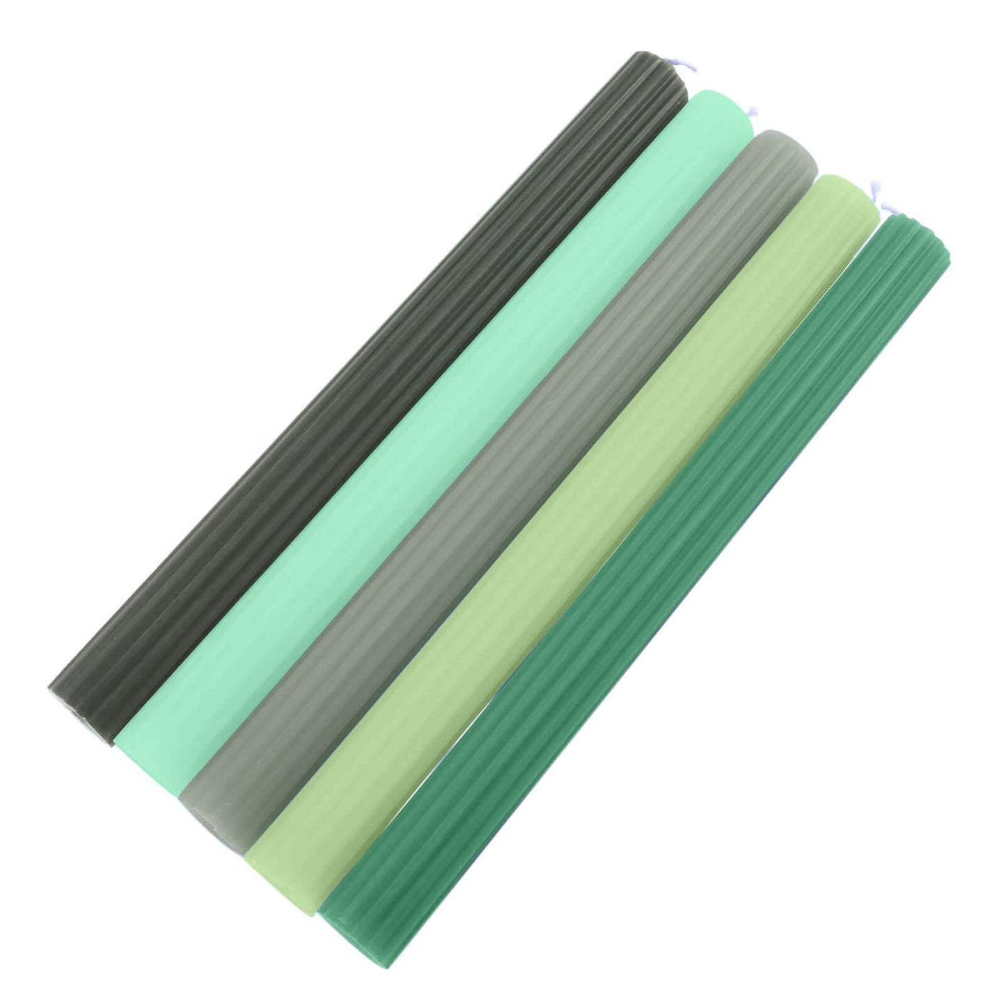 5-Pack Taper Candles Ribbed Wick Ribbon Wax Design Assorted Green - Premium Unscented Dinner Candles 9"