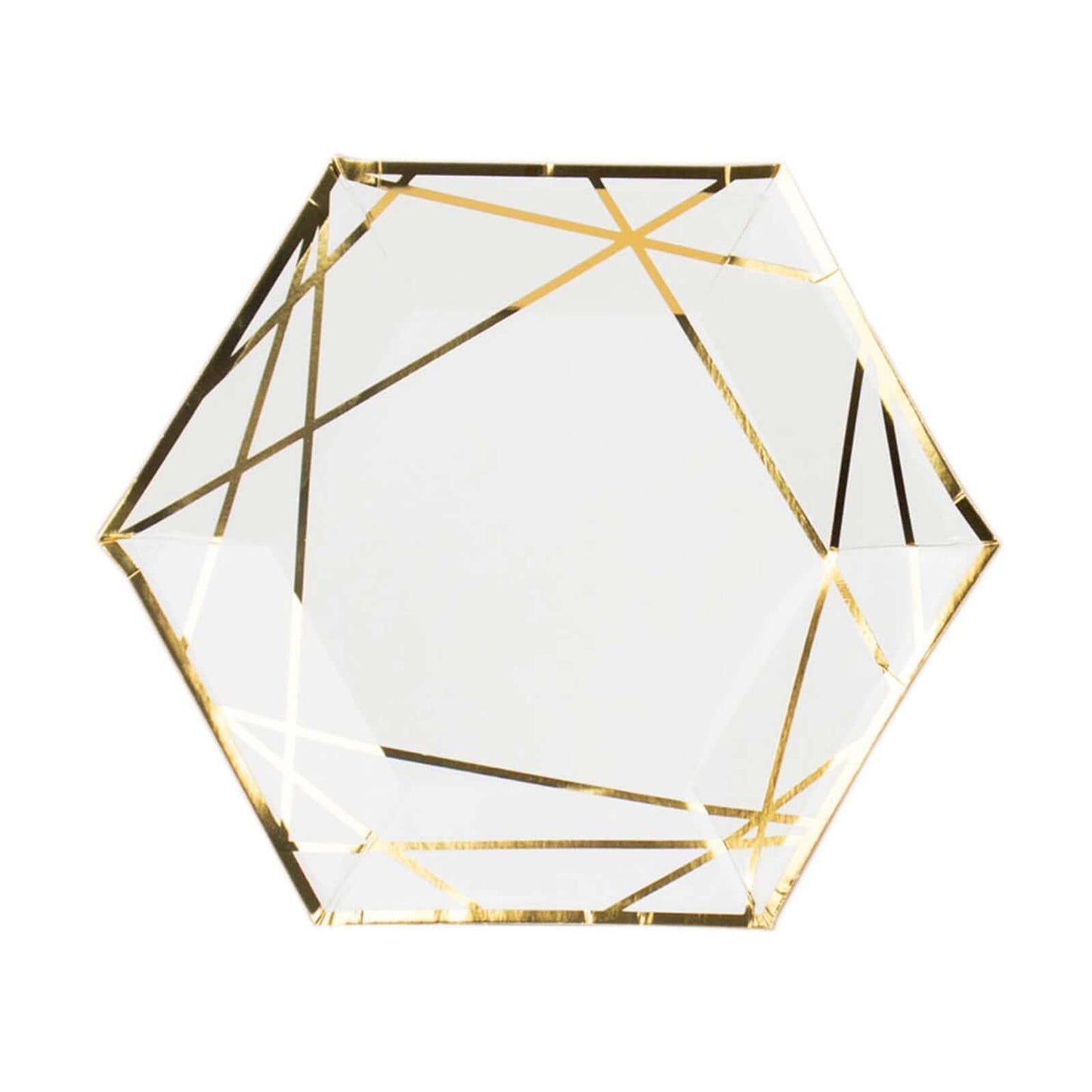 25-Pack Paper 7" Hexagon Dessert Plates in White with Gold Geometric Lines & Rim - Stylish Disposable Geometric 300GSM Appetizer Salad Plates for Events & Banquets