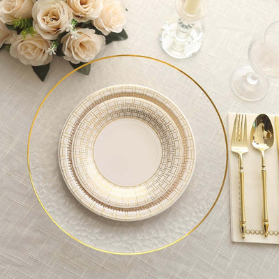 25-Pack Paper 7" Round Dessert Plates in White with Gold Basketweave Rim