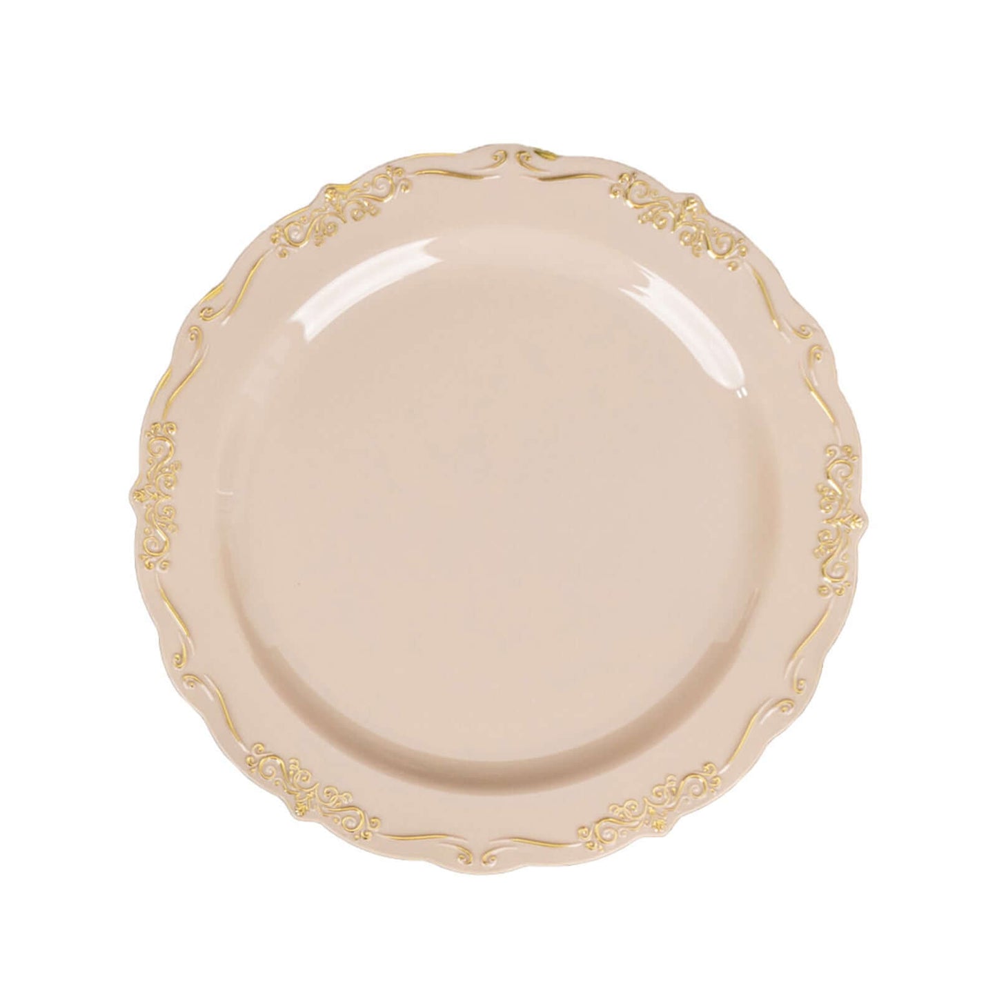 10-Pack Plastic 7" Round Dessert Plates in Taupe with Gold Vintage Embossed Rim - Sturdy Disposable Scalloped Edge Salad Plates