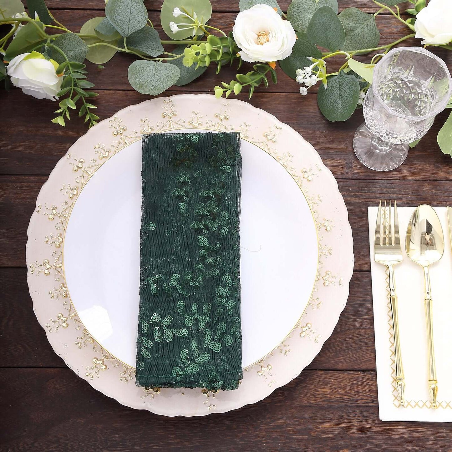 Sequin Tulle 20"x20" Napkin Hunter Emerald Green - Embroidered Leaf Vine Dinner Napkins
