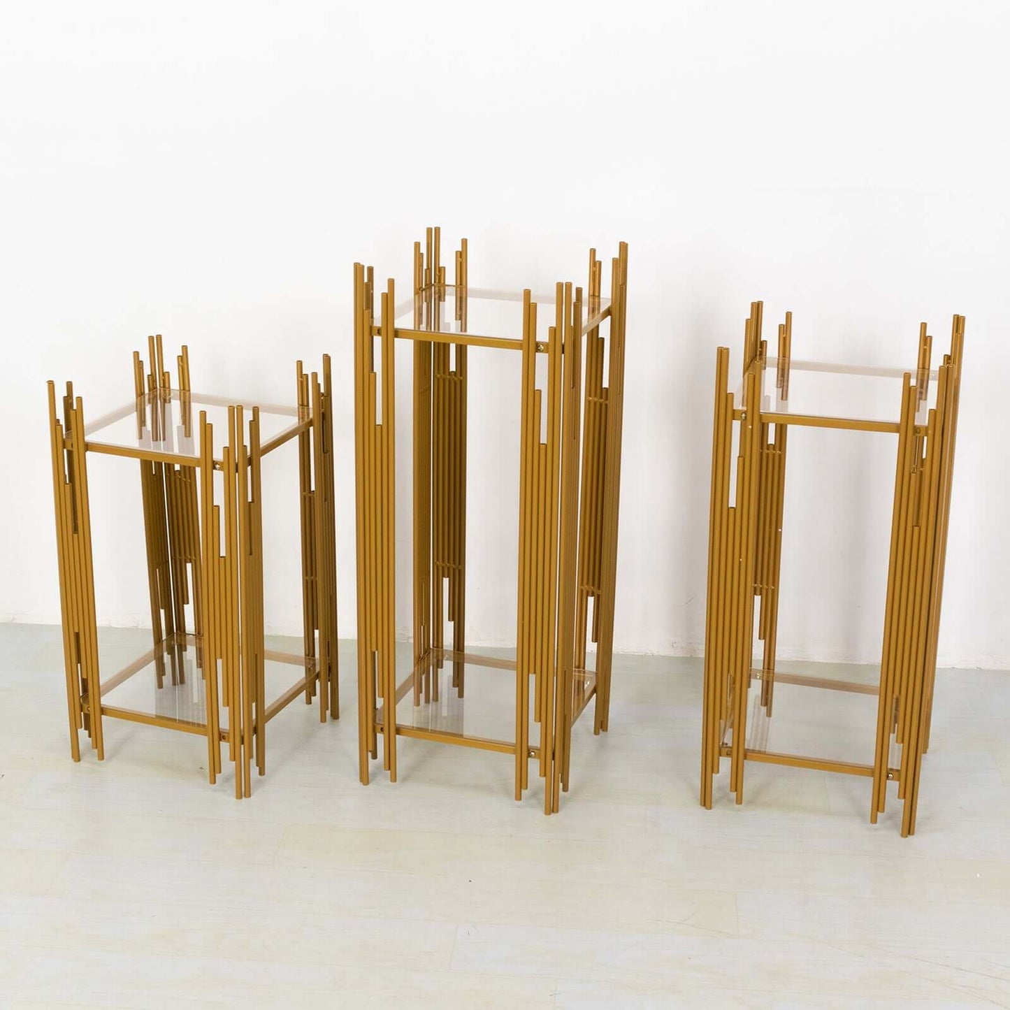 Set of 3 Wedding Pedestal Stands Square Acrylic Plate Design Gold - Metal Flower Display Plinths 26",30",34"