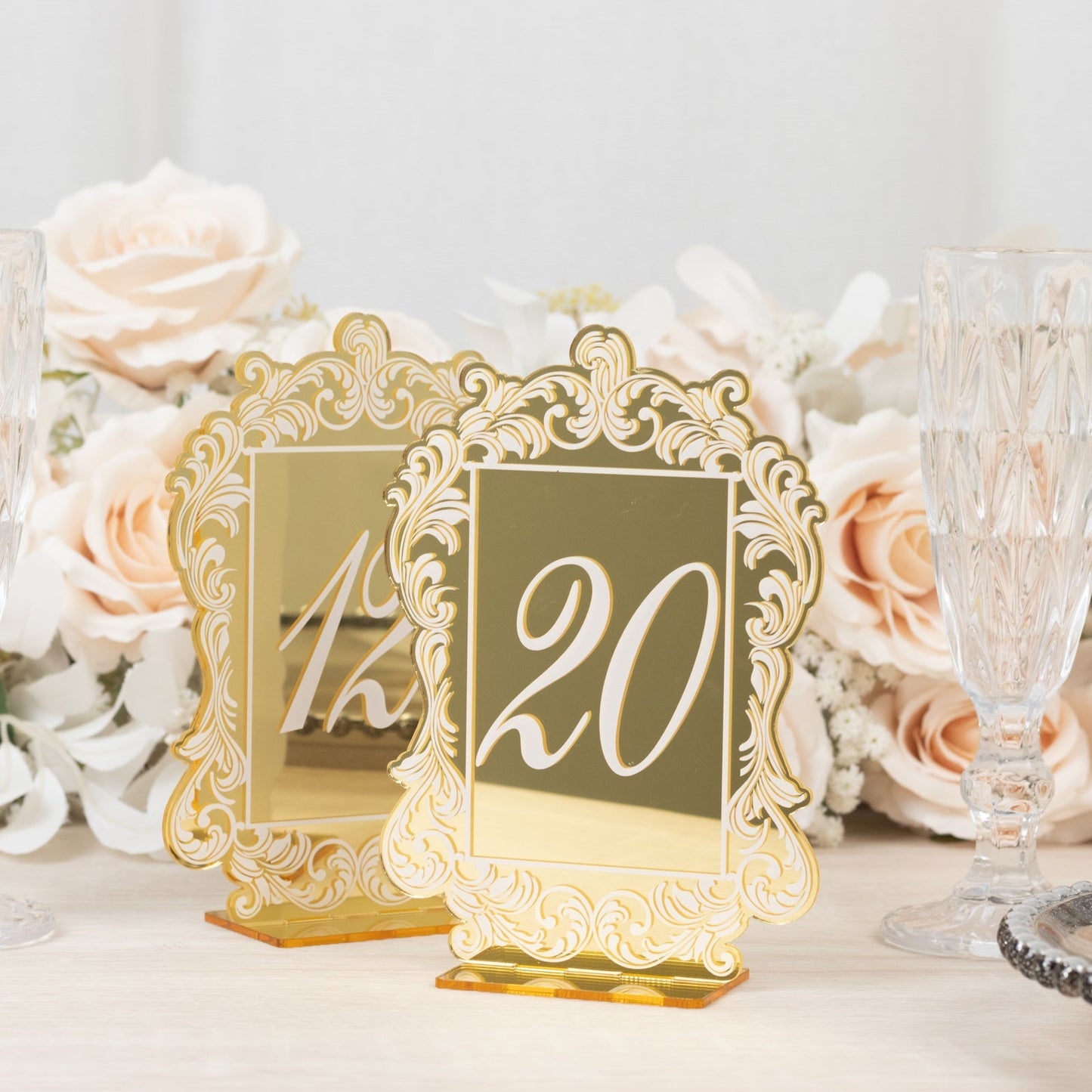 Gold Mirror Arch Acrylic Table Numbers (11-20) - 5"x7" Wedding Reception Signs with Baroque Lace Border, White Print & Stands