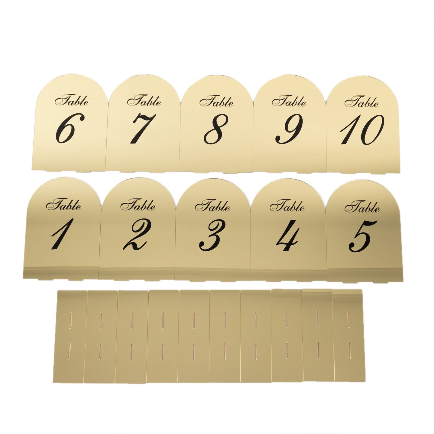 Gold Mirror Arch Acrylic Table Numbers (1-10) - 6"x7" Wedding Reception Signs with Black Print & Stands