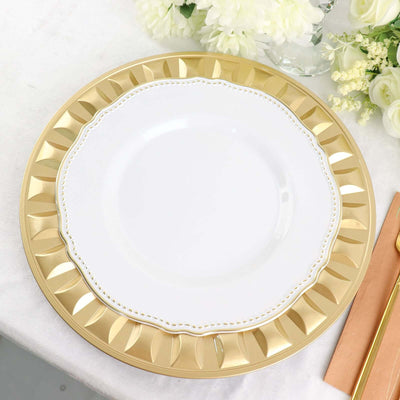 6-Pack Plastic Round Charger Plates 13" in Gold with Bejeweled Rim, Luxe Decorative Dinner Party Charger Tableware