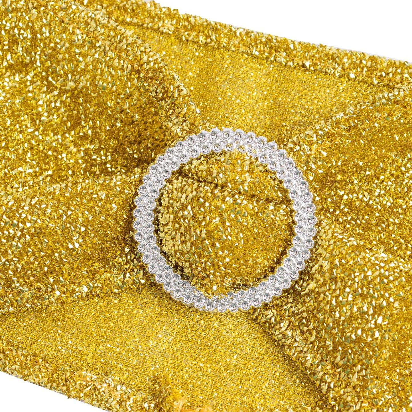 5 Pack Chair Sashes Shimmer Tinsel Spandex 5"x12" with Silver Rhinestone Buckles Gold - Stylish Decor for Weddings