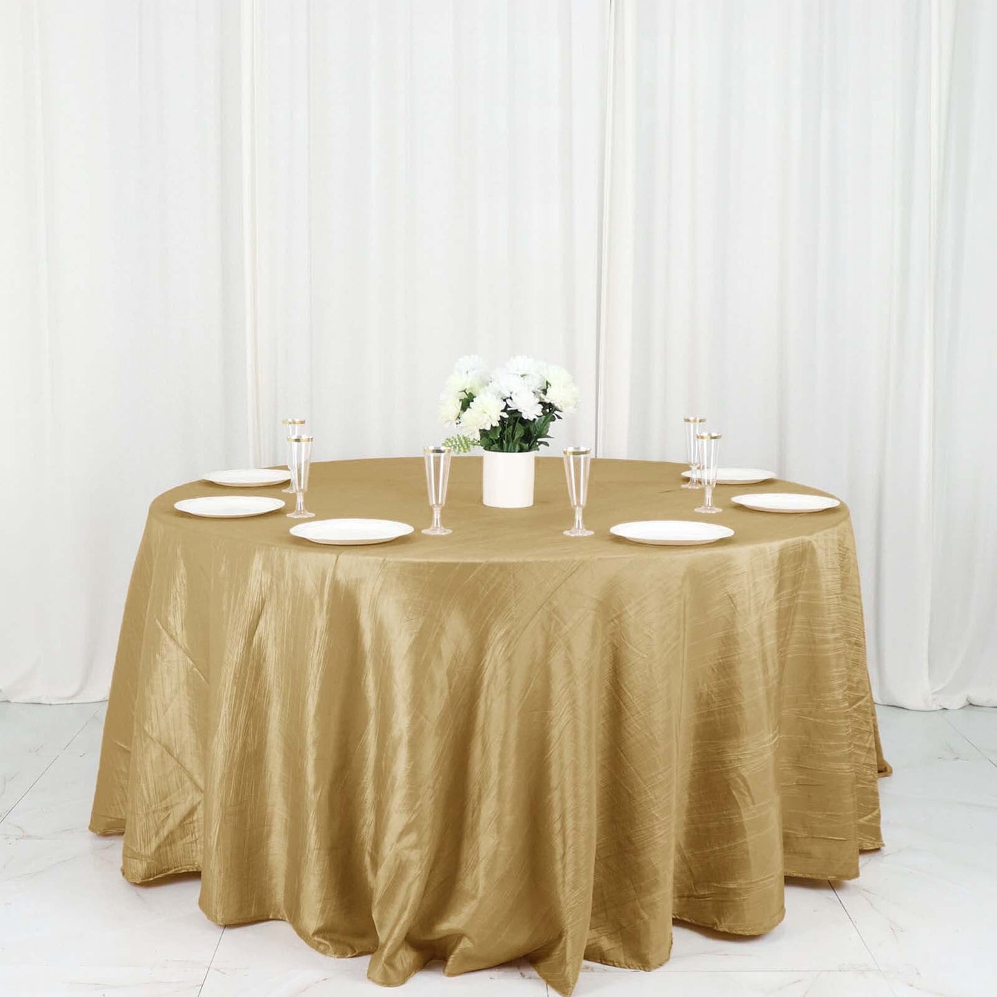 Taffeta 132" Round Tablecloth Gold - Seamless Accordion Crinkle Design for Exquisite Occasions