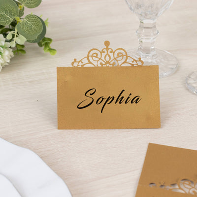 50-Pack Gold Place Cards with Laser Cut Crown Design â€“ Printable Reservation Seating Self Standing Cards - 2"x4"