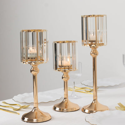 Set of 3 Gold Crystal Pendant Hurricane Candle Holders, Elegant Cylindrical Design for Pillar Candles, Decorative Table Centerpieces - 11",13",15"