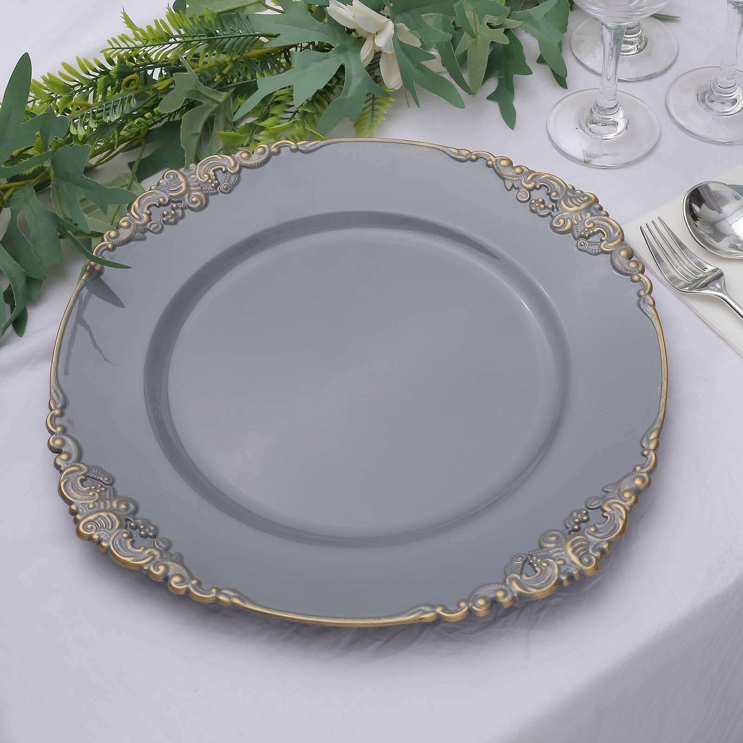 6-Pack Acrylic Round Charger Plates 13" in Charcoal Gray with Gold Embossed Baroque Rim, Antique Decorative Dinner Party Charger Tableware