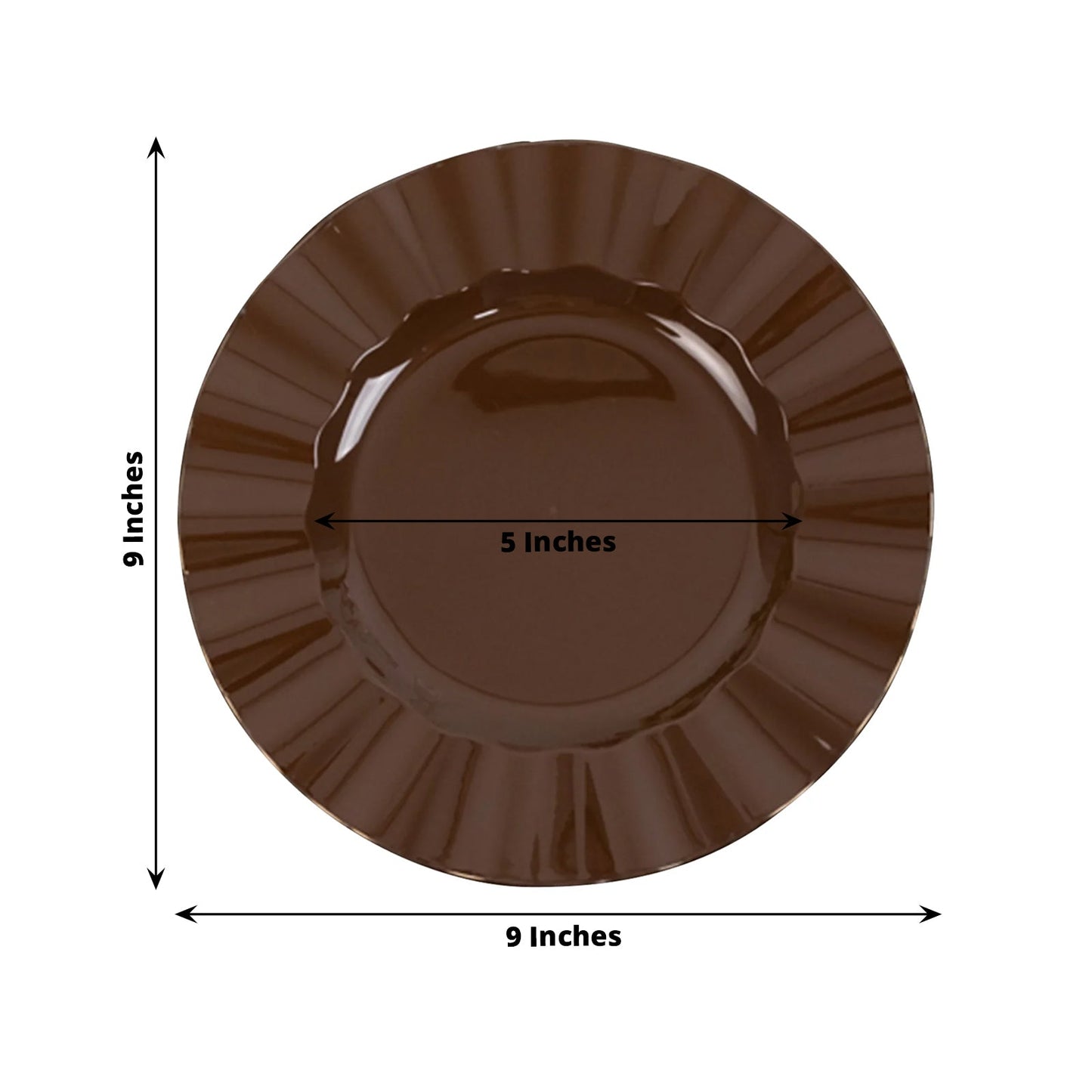 10-Pack Plastic 9" Round Dinner Plates in Cinnamon Brown Ruffled Rim with Gold Edging - Sturdy Disposable Dinnerware