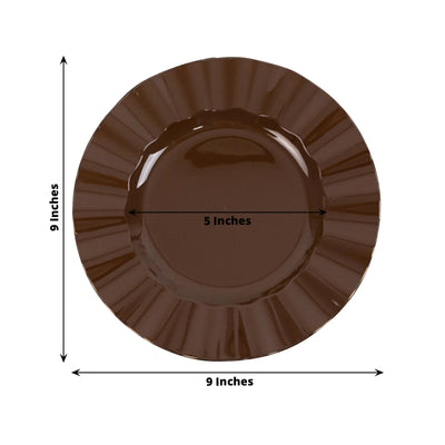 10-Pack Plastic 9" Round Dinner Plates in Cinnamon Brown Ruffled Rim with Gold Edging - Sturdy Disposable Dinnerware