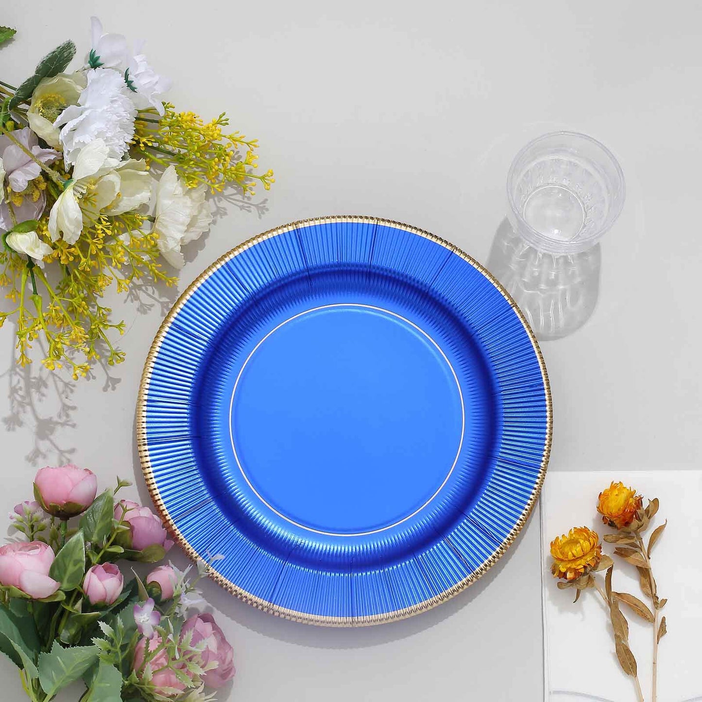 25-Pack Paper 10" Round Dinner Plates in Royal Blue Sunray Design with Gold Rim - Disposable Heavy Duty 350GSM Party Plates