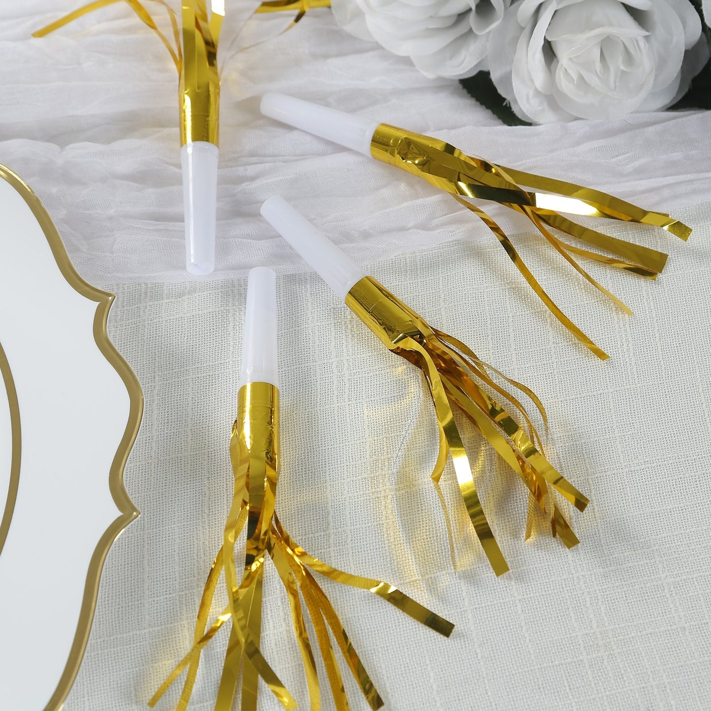 24 Pack Party Horn Noisemakers with Tassels - 7" Gold Metallic Fringed Blowouts for Events and Gatherings - Plastic & Foil Design