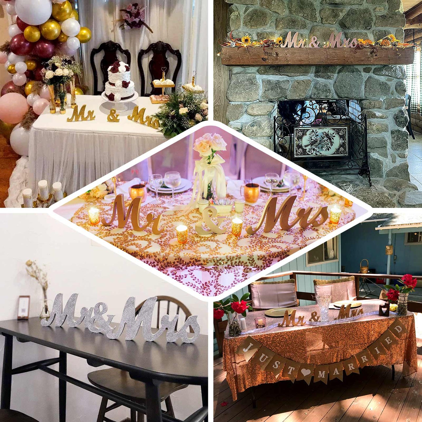 Wooden "Mr & Mrs" Freestanding Letters Gold Glittered - Rustic Glam Wedding Table Display Signs