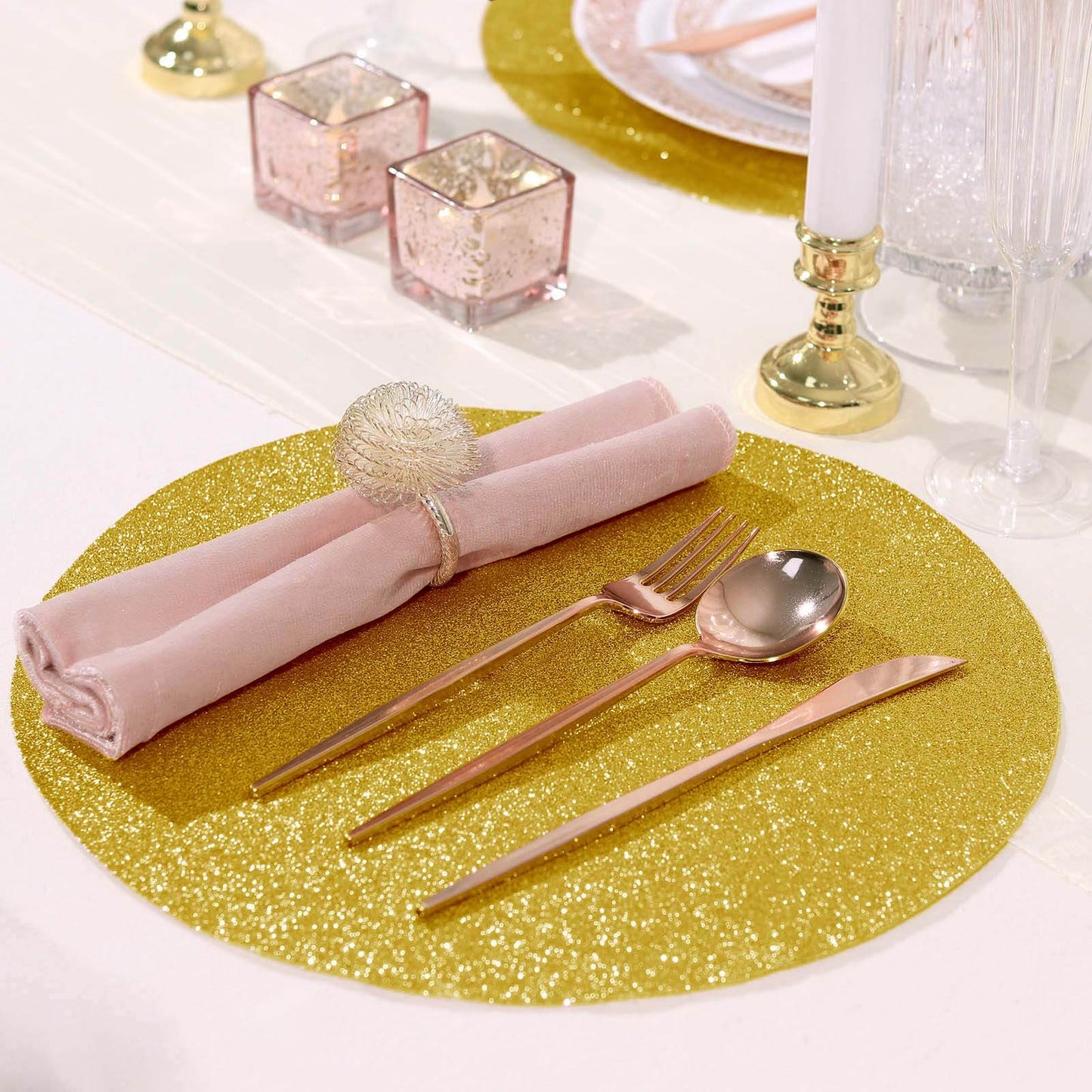 6-Pack Placemats Glitter Design Gold Sparkle Round - Non-Slip Decorative Dining Table Mats 13"