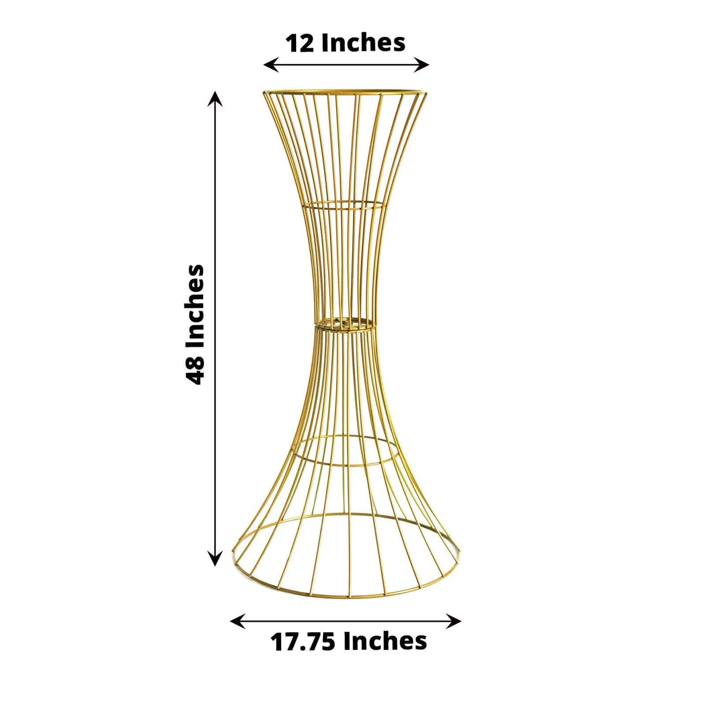 48" Tall Gold Metal Wire Hourglass Flower Frame Stand, Open Frame Reversible Trumpet Centerpiece Stand