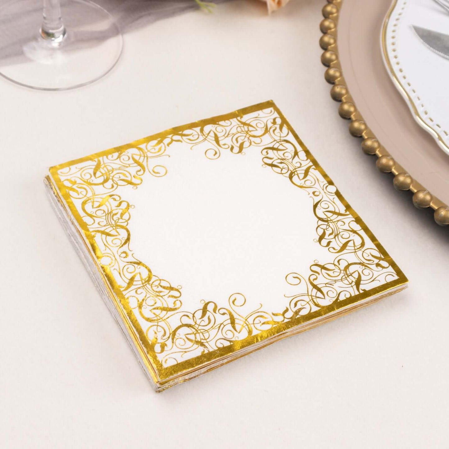 20-Pack Paper Beverage Napkins with Gold Foil Lace Design White - 3 Ply Disposable 18GSM European Style Cocktail Napkins 5"x5"